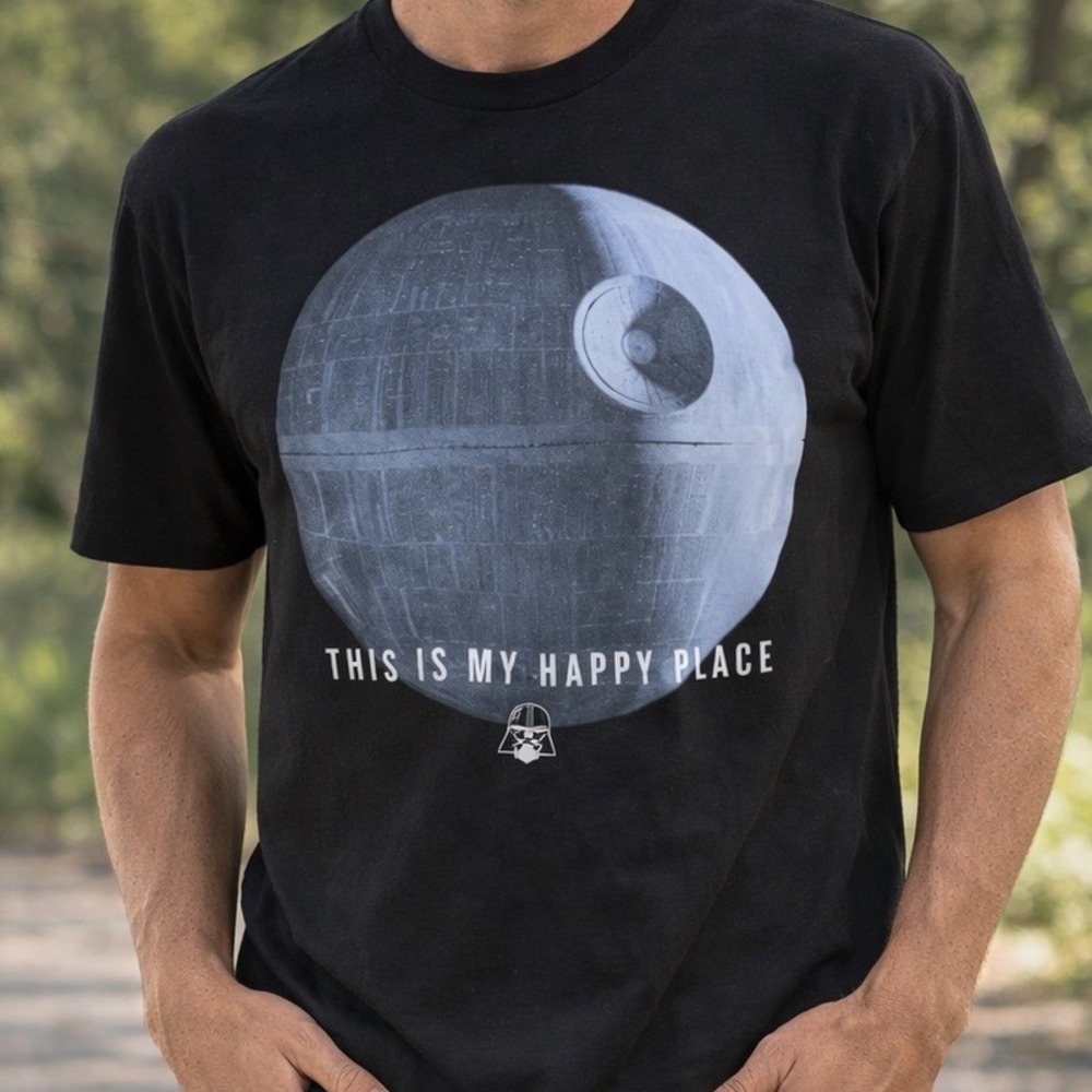 Star Wars Death Star This Is My Happy Place Black Graphic T-Shirt Mens Medium